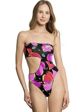 Maaji  One Piece Swimsuit Bite Shark Hawaii Floral Tropical Black Pink  small